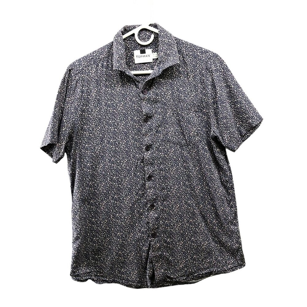 Topman Short Sleeve Shirt‎ Mens M Blue Pink Printed Dot Button Up Resort Rayon
